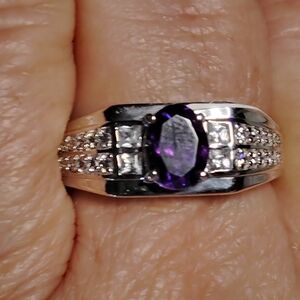 💯 -AFRICAN,  AMETHYST AND FACETED WHITE TOPAZ, STERLING RING. SIZE- 12